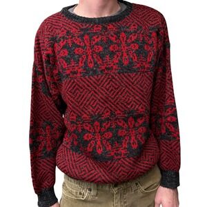 Mens Store Vintage Red Black‎ Geometric Pattern Knit Sweater Large